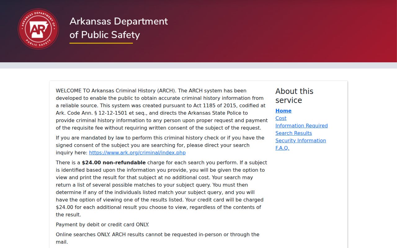 ARCH portal for Lawrence County Arkansas criminal history searches